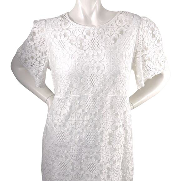 Womens DB Floral Lace Shift Dress Zip Up Lined White Sweet Flared Short Slv  12 - Picture 2 of 13
